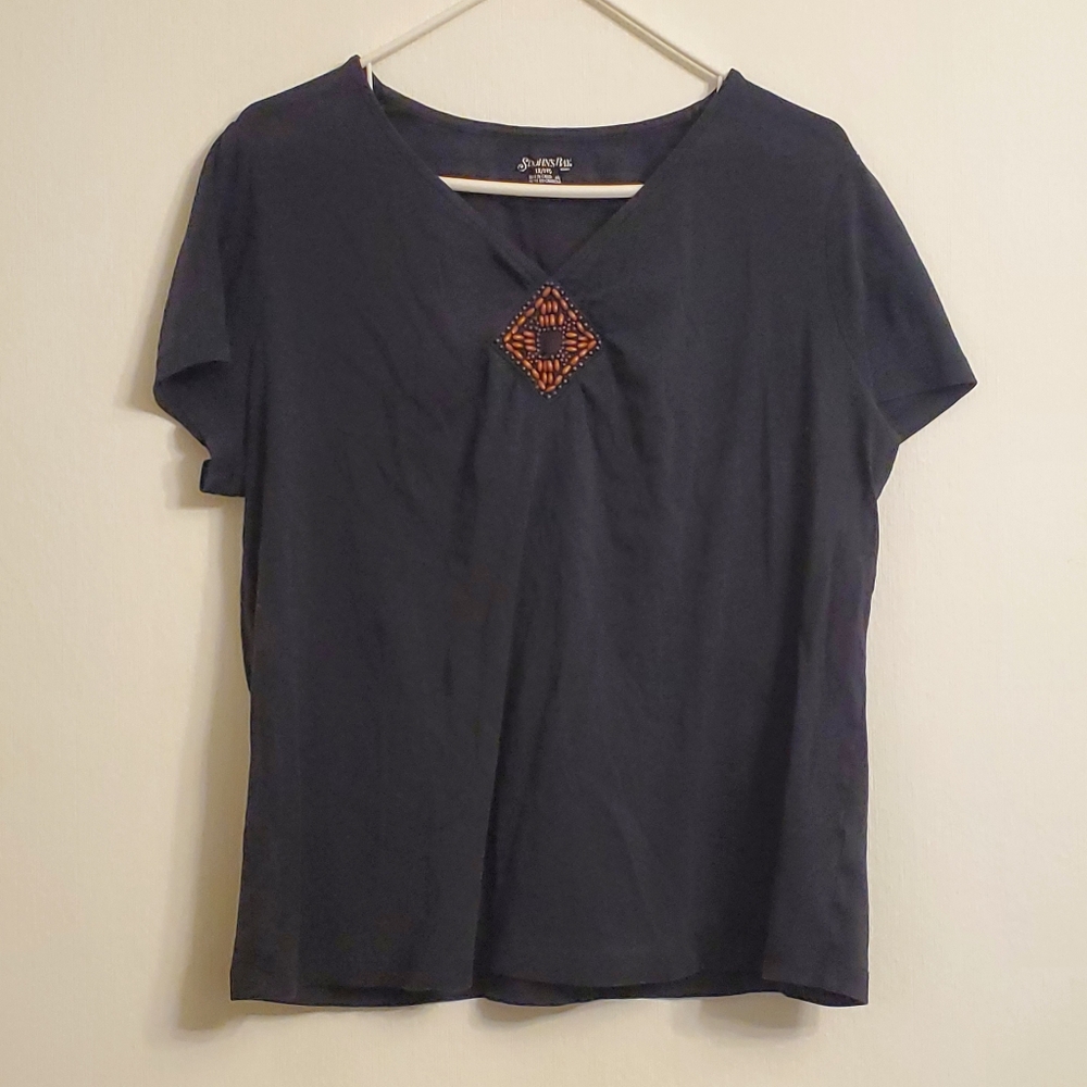 St Johns Bay Womens Black Short Sleeve V-Neck T-shirt XL Beaded Embellishment